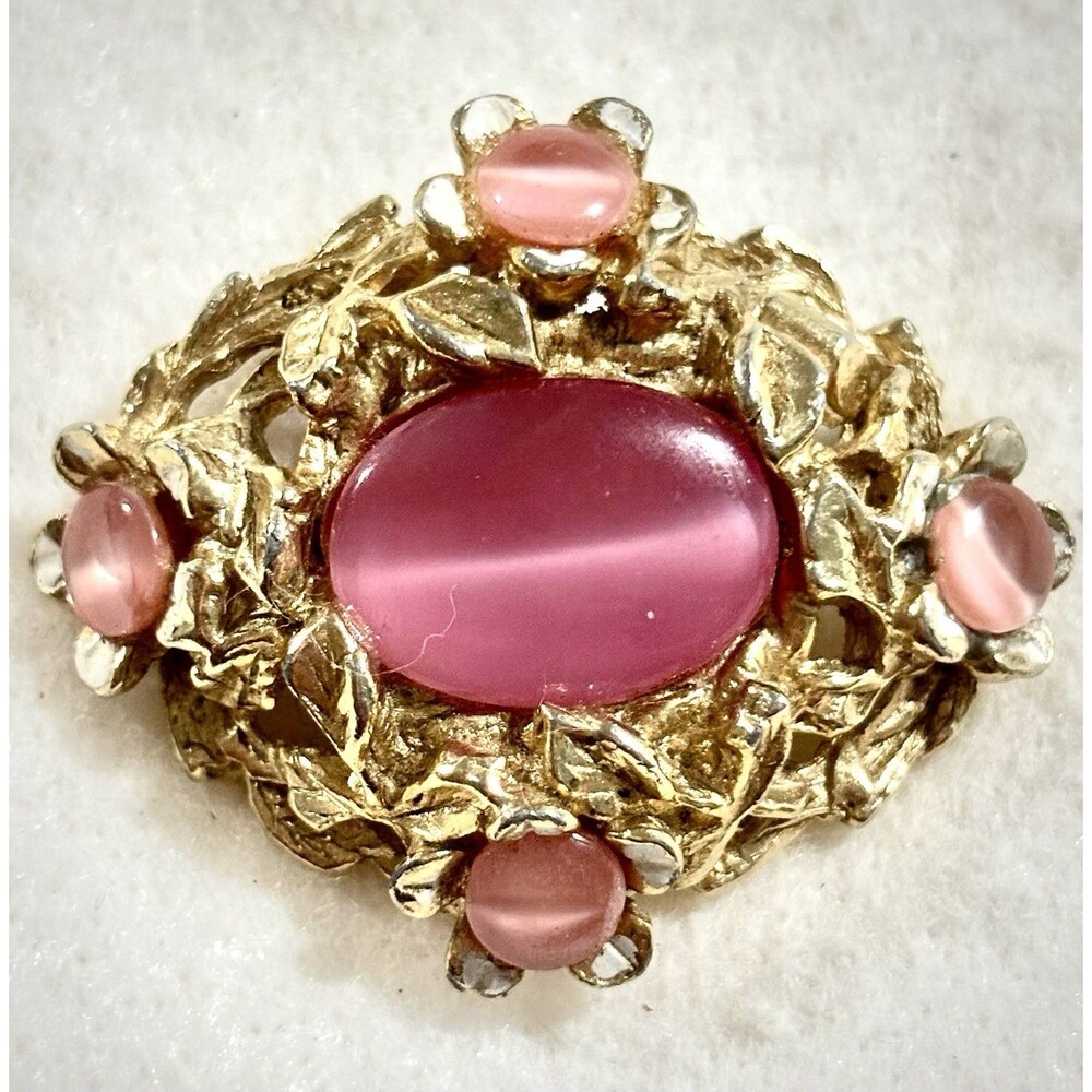 Vintage Pink Moonglow Cat Eye Cabochon Brooch Czech Style Gold Tone Floral Pin